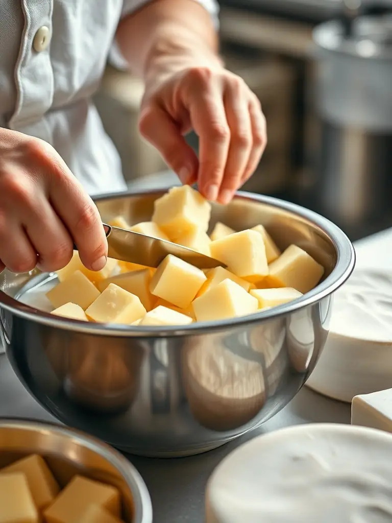 A close-up shot of a cheese maker demonstrating the process of curd cutting during a cheese-making training session.