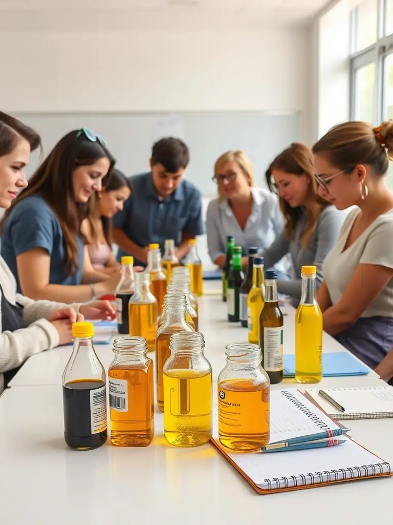 Participants learning about vegetable oil extraction methods, with various oil samples displayed on a table.