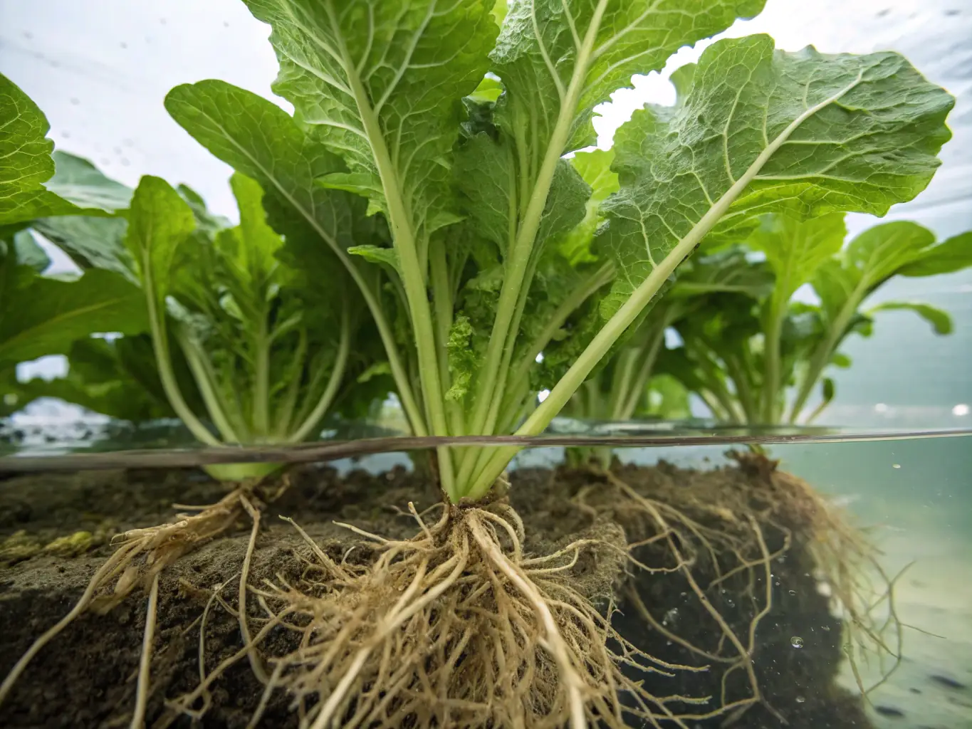 A close-up shot of a hydroponics system with lush green plants growing, illuminated by grow lights, emphasizing the modern agricultural techniques taught in the video training.