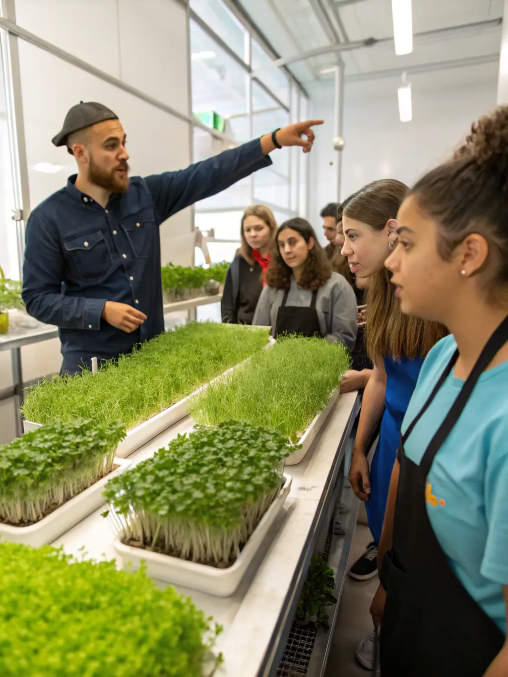 A group of trainees actively participating in a hydroponics workshop at Rayhanet Academy, focusing on nutrient solution preparation.