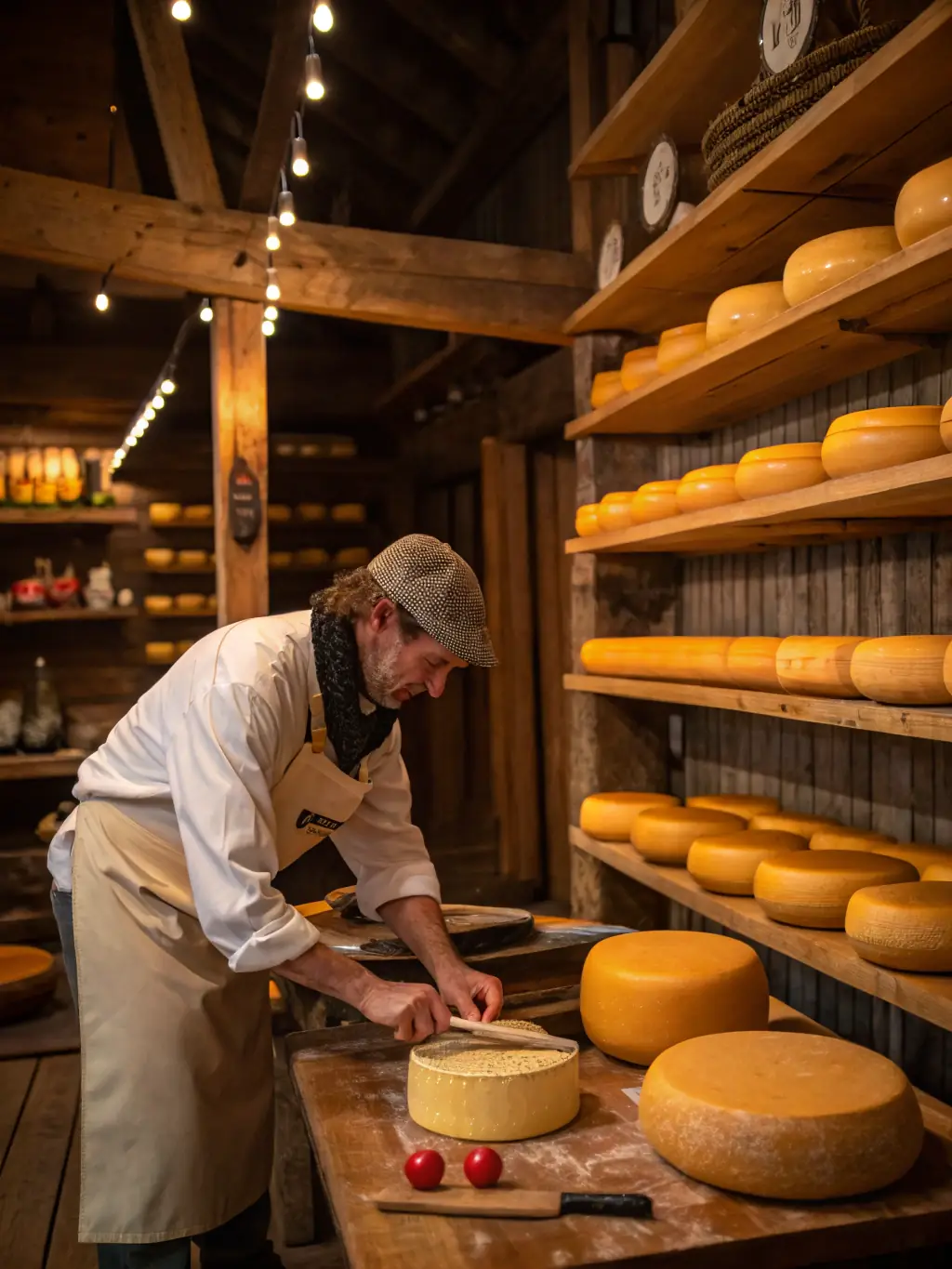 A cheesemaker carefully stirring a pot of milk over a traditional stove, with cheese molds and other equipment visible in the background, illustrating the 'Art of Cheese Making' webinar.