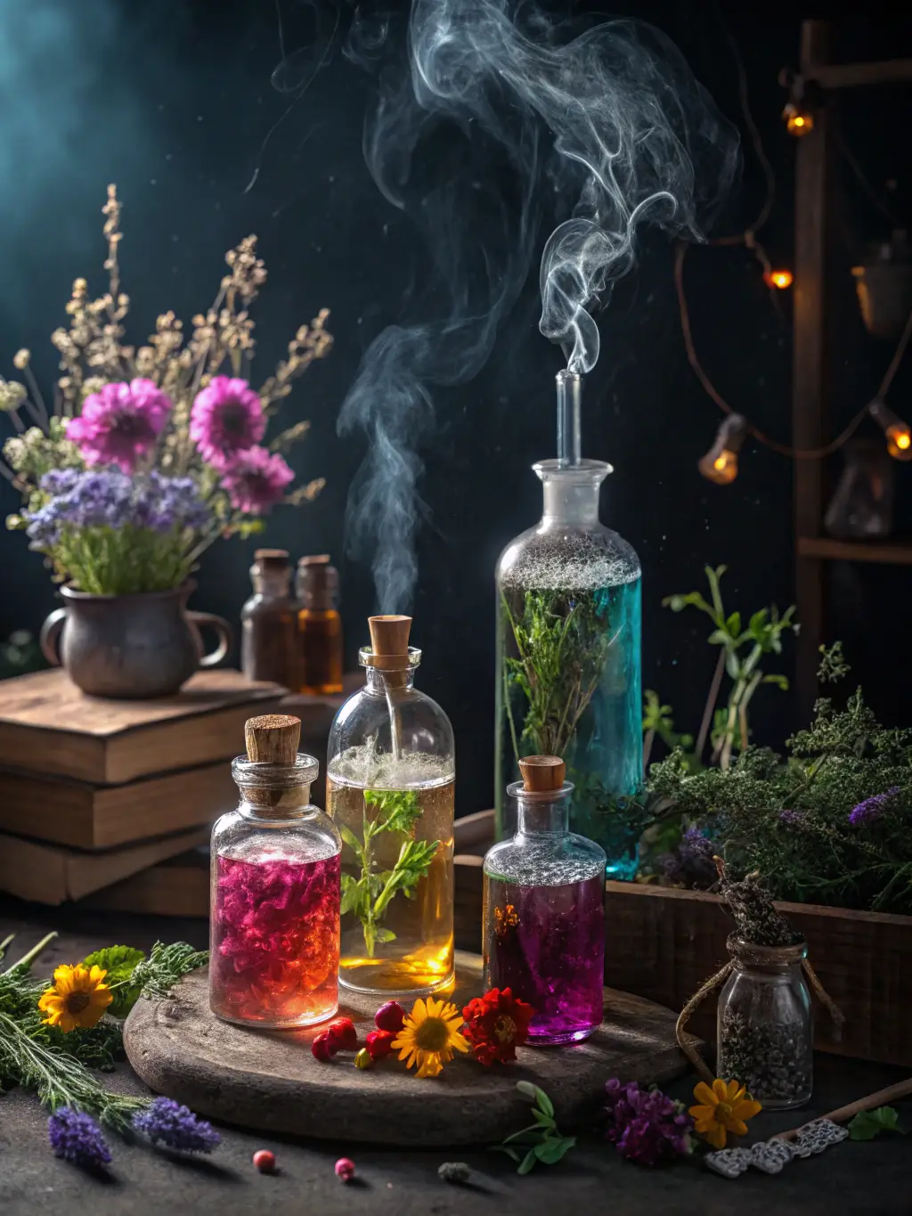 Aromatic essential oils being extracted from plants in a laboratory setting, with glass beakers and distillation equipment visible, representing the 'Essential Oil Extraction' webinar.