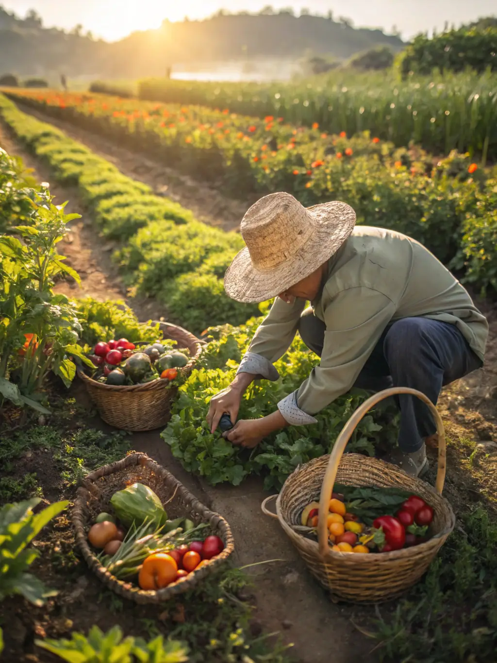 A farmer tending to a lush vegetable garden, with rows of healthy plants and a clear blue sky in the background, symbolizing the 'Organic Farming Practices' webinar.