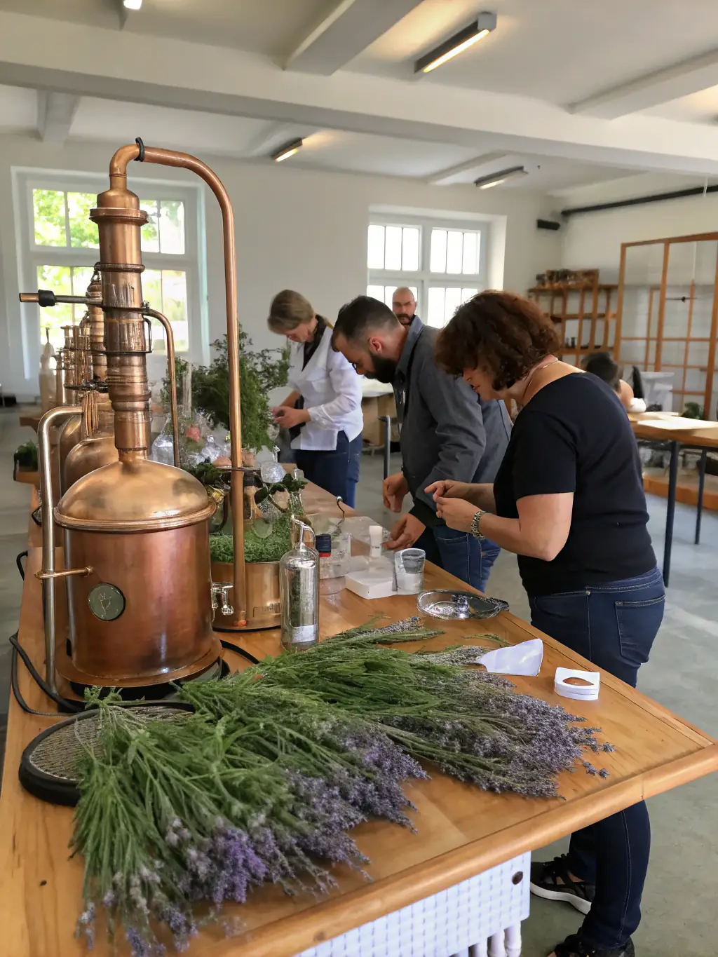 Trainees extracting essential oils from aromatic plants using a distiller during an essential oil extraction training.